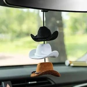 Cowboy Hat Hanging Charm for Car Rear View Mirror, Cute Handmade Felt Hat Ornament Pendent for Women, Country Cowboy Car Decor Interior Accessories