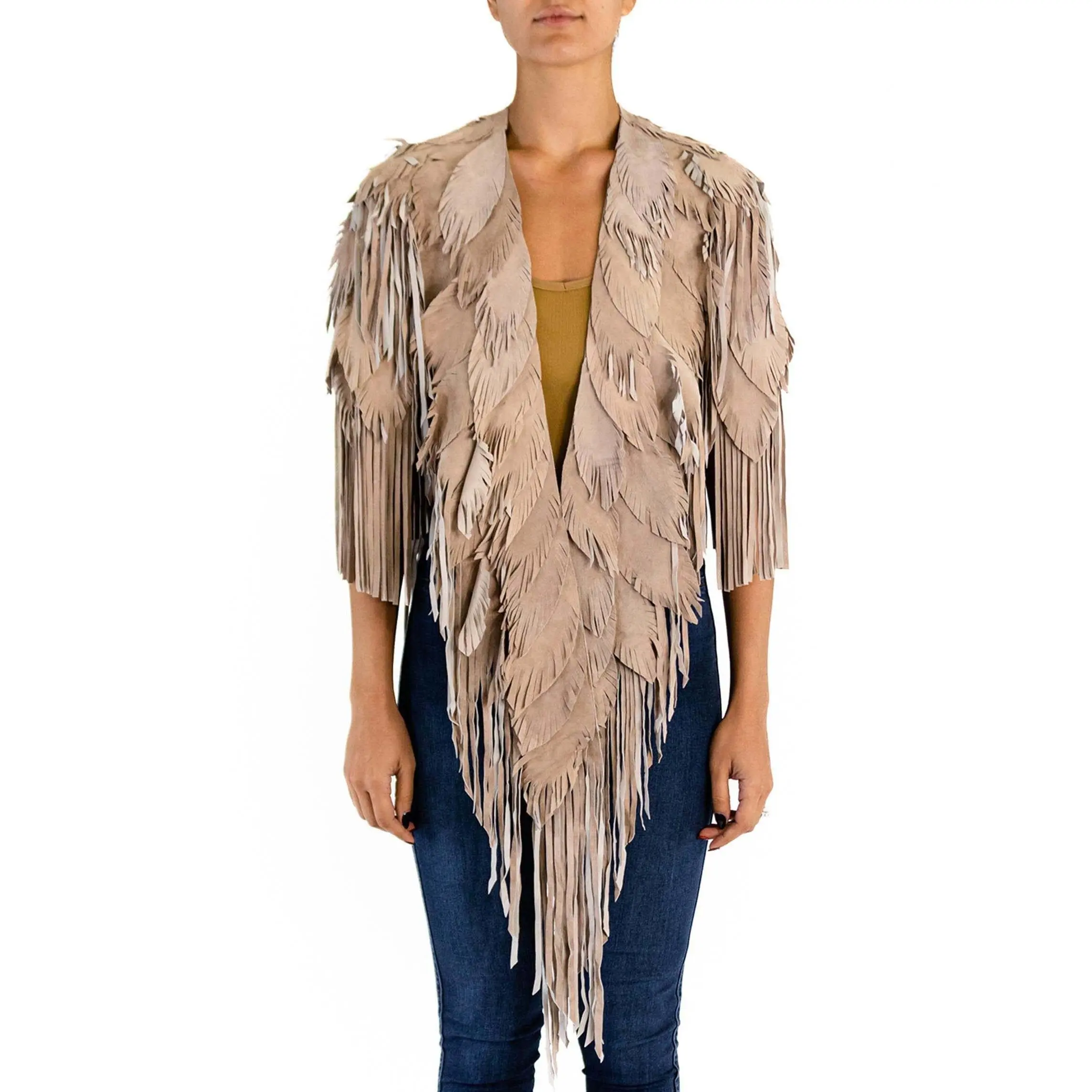 MORPHEW COLLECTION Sand Piper Suede Fringe Feather Leather Long Cape