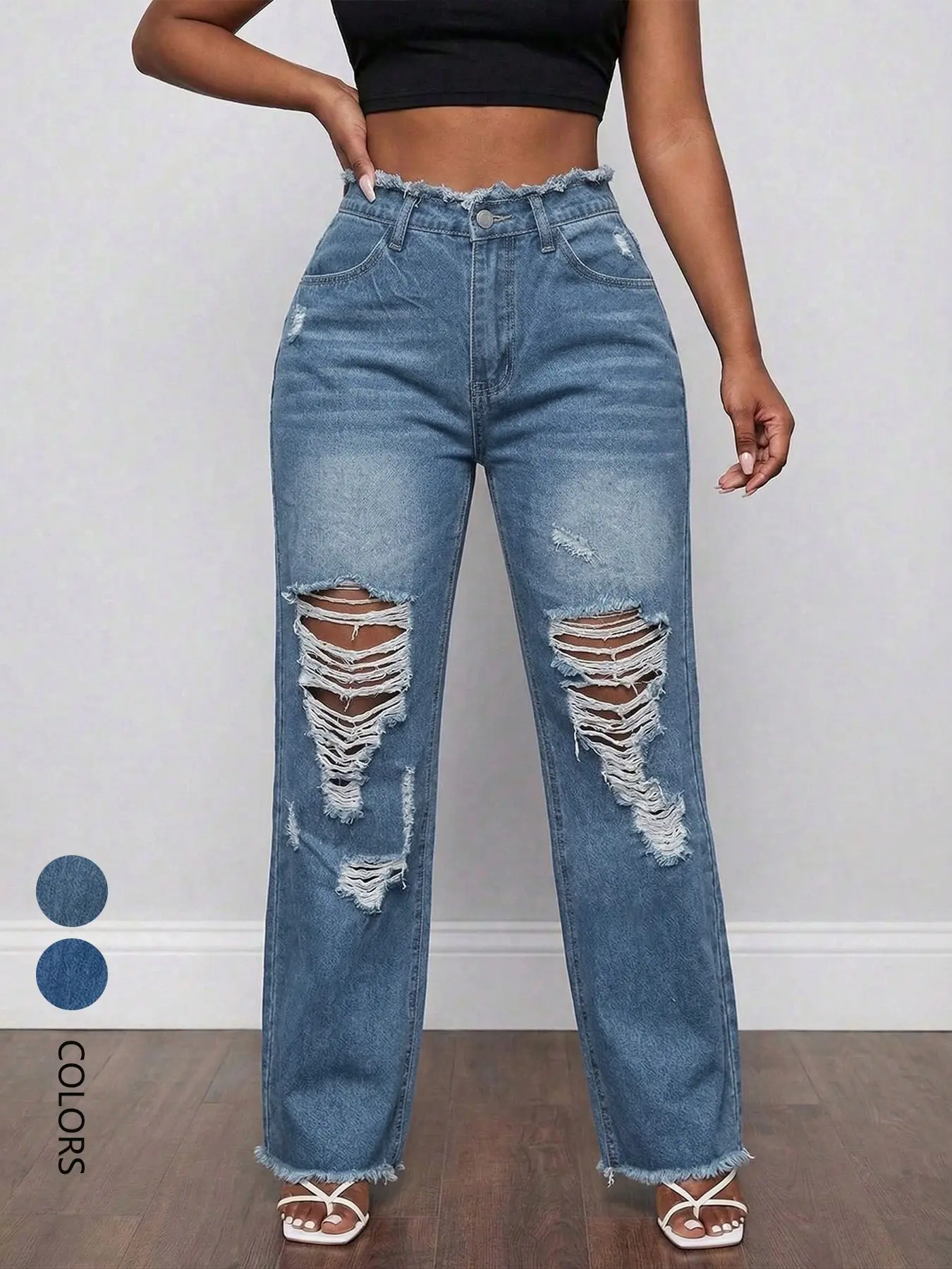 Women's Loose Ripped Jeans, Straight Leg Denim Jeans, Casual Plain Denim, Medium Wash, Sexy Frayed Hem, Button, Millennium Street Style, Casual Fitted Long Pants, All Seasons, Streetwear, Fashion, Bottom, Casual Comfy Jeans, Womenswear
