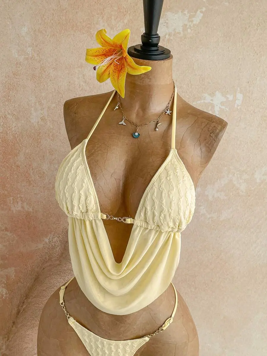 Women's Summer Beach Vacation Solid Color Halter Neck Tie Sexy Bikini And Triangle Bottom Two-Piece Swimsuit Set Butter Yellow