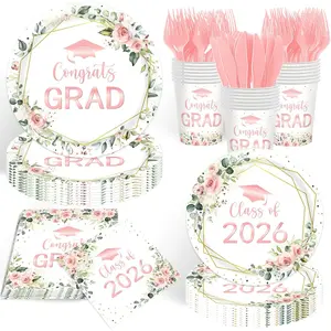 144Pcs Floral Graduation Party Supplies - Congrats Grad Class of 2026 Plates and Napkins Set, Wildflowers Themed Pink Graduation Decorations 2026