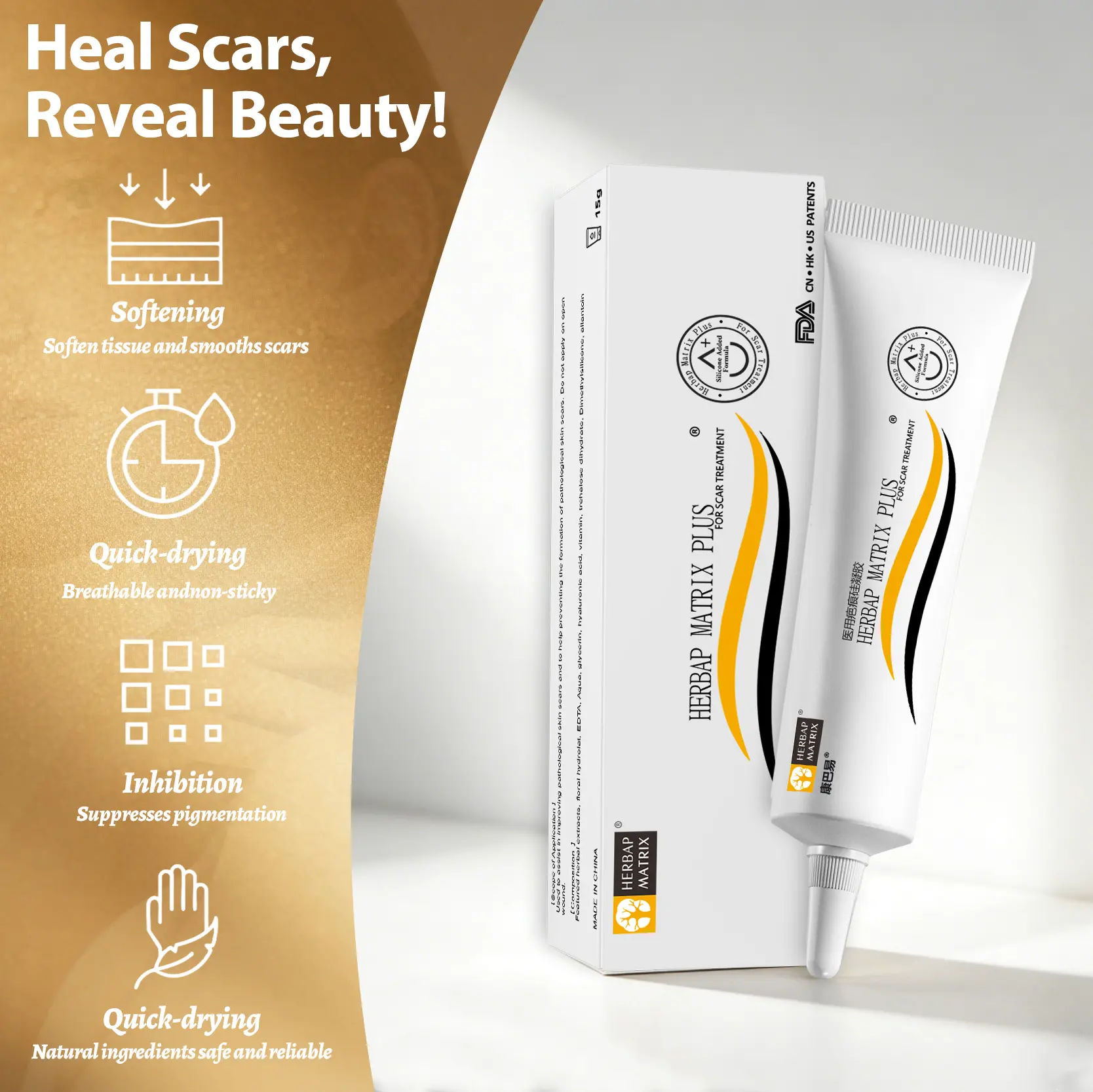 HERBAP MATRIX Plus Professional Silicone Scar Gel 15g-Scar Care for Stretch Marks, C‑Section, Surgical Scars, Acne Scars & Acne Marks, Burns & Injuries | Helps Prevent Scar Thickening | Face & Body | ISO 9001