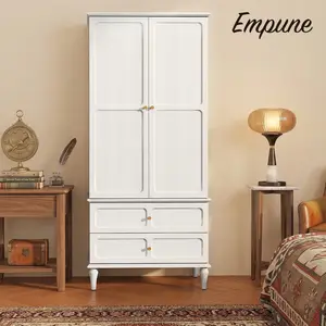 Empune 71" Mid-Century Modern Armoire Wardrobe Closet with Doors and Drawers,Wooden Armoire Storage Cabinet with Hanging Rod for Bedroom,Large Capacity Storage,White