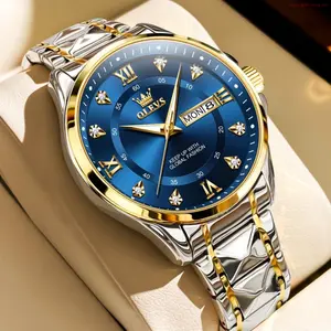 Fashion Brand OLEVS Watches for Men Business Dress Diamond Analog Quartz Date Luxury Classic Casual Stainless Steel Waterproof Luminous Mens Wrist Watches Gifts Reloj para Hombre Blue/Gold/Black Dial