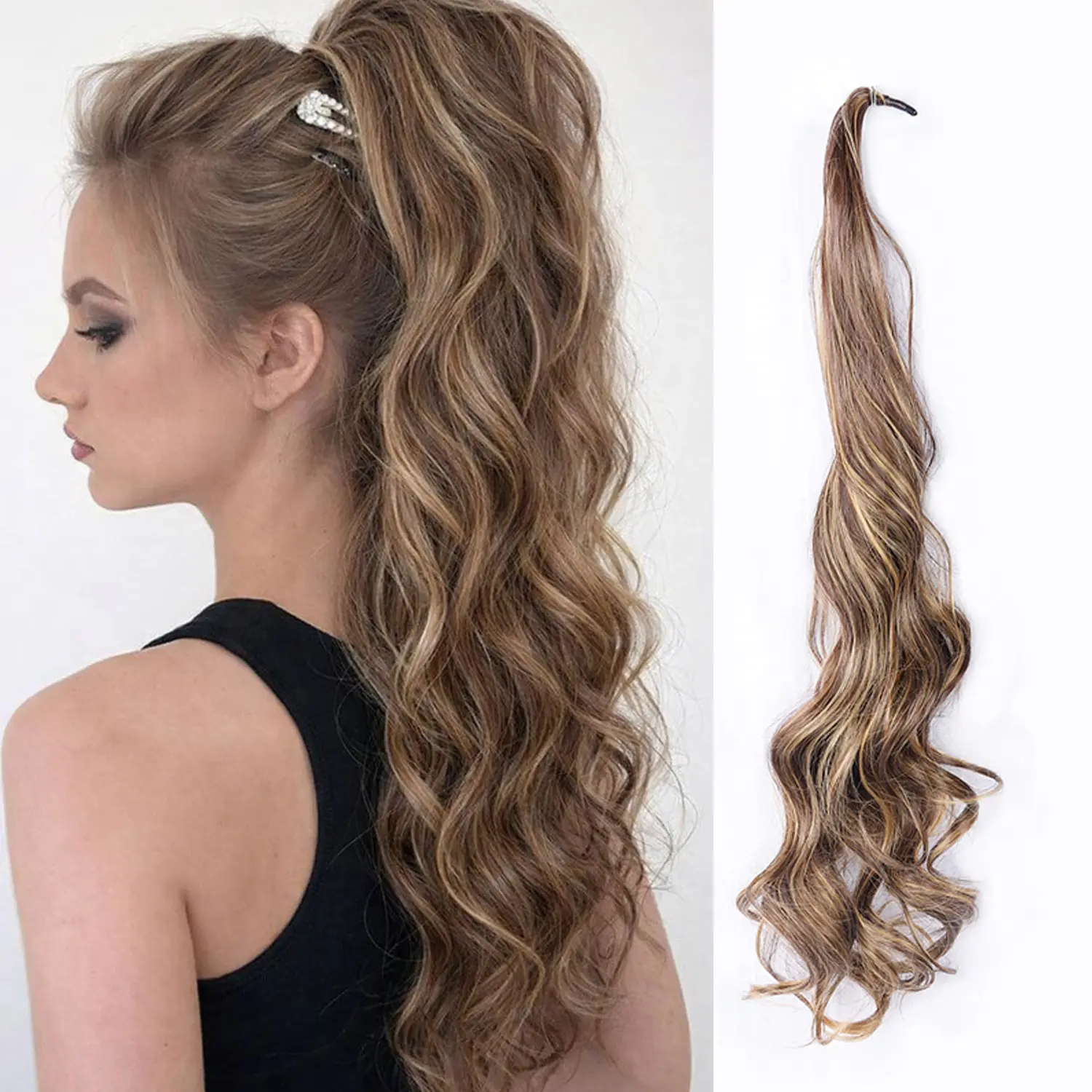 TwiceBeauty Women's 32in Flexible Wrap-Around Ponytail Extension, Long Wavy Synthetic Hair Piece, Heat-Resistant Body Wave Hair Weave for Party, Daily Use, Synthetic Hair Pieces