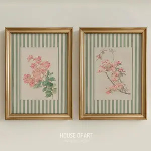 Pink Hydrangea Prints, Sage Green Striped Wall Art Set, Vintage Floral Poster, Preppy Coquette Decor