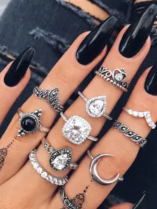 Vintage Style Silver Color Moon Ring Set, 11 Pcs Artificial Gemstone Rings, Retro Jewelry for Women, All Seasons Wear, Artificial Zircon Rings