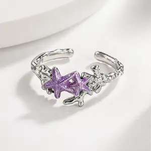 Cute Starfish Beach Ring - Adjustable Open Design, Silver Plated Enamel Ocean Jewelry, Perfect Summer Gift for Her