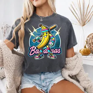 Bananas Funny Banana Baseball Graphic T-Shirt, Cute Banana Sports Tee, Retro Casual Shirt for Women & Men