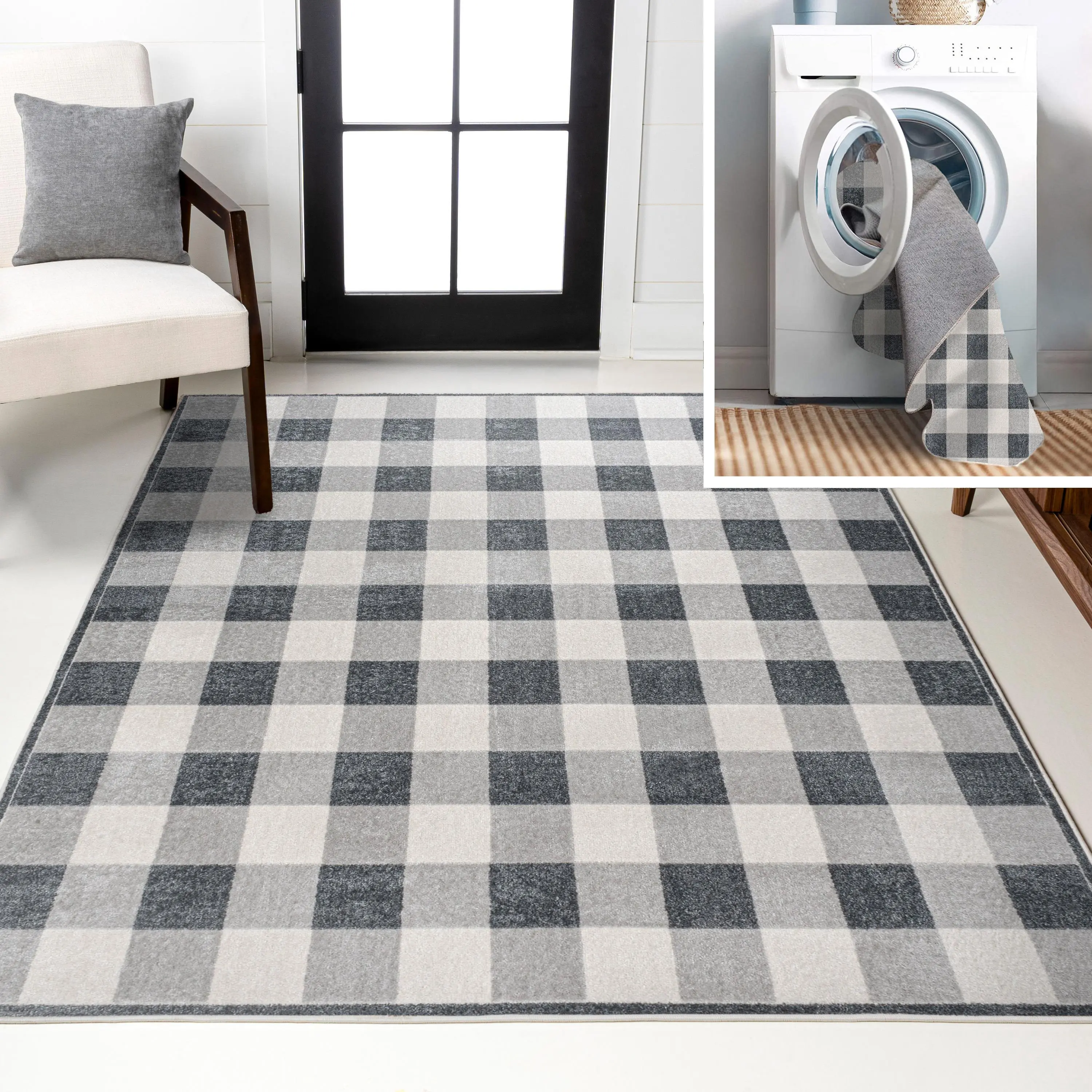 JONATHAN Y Machine-Washable Gingham Gradient Checkered Plaid Print Cottage Area Rug - Indoor Rug for Living Room, Bedroom, Kitchen, Checkered Rug, Plaid Print Rug
