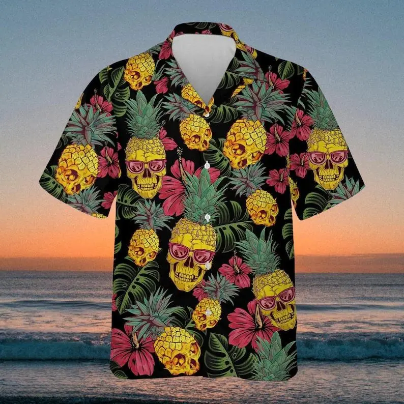 Tropical Pineapple Skull Hawaiian Shirt: Aloha Summer Beach Button Down#TikTokMadeMeBuyIt#AmericanStyle#250Years#Casual Outfit#TrendyTee