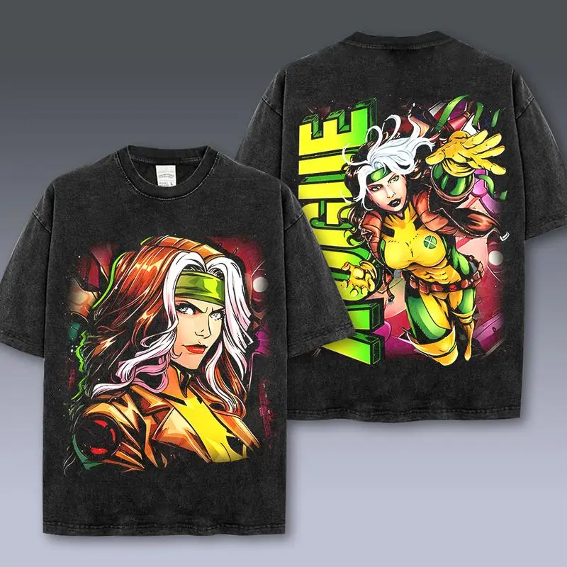 Rogue Xmen MCU Comic Double Printed Oversize Lightweight Acid Washed Tee, Character Comics TV Series Graphic Design Unisex Top Cotton Streetwear T-Shirt Clothes Menswear