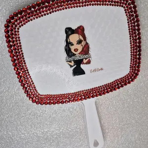White Large Handheld Mirror with Red Rhinestones Design Lightweight for Personal Care and Easy Viewing