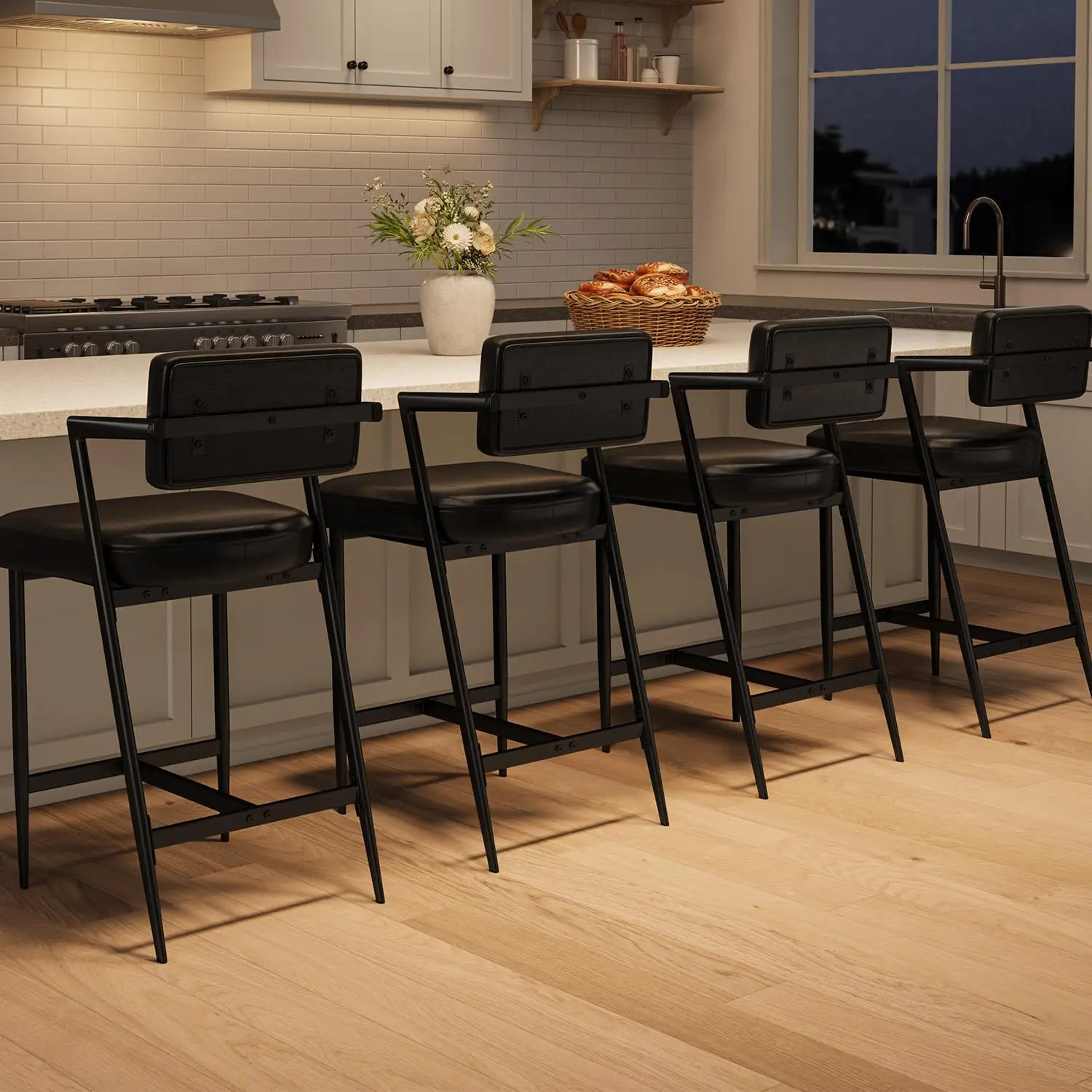 Garvee 4-Piece Industrial Ergonomic Rustic Black Counter Height Bar Stools - Armrests, Backrests, Footrests, Thick PU Leather Cushions, Reinforced Metal Legs, 26.8in Height, 400lbs Capacity, 69.2lbs Total Weight, Assembly Required for Kitchen Island Use
