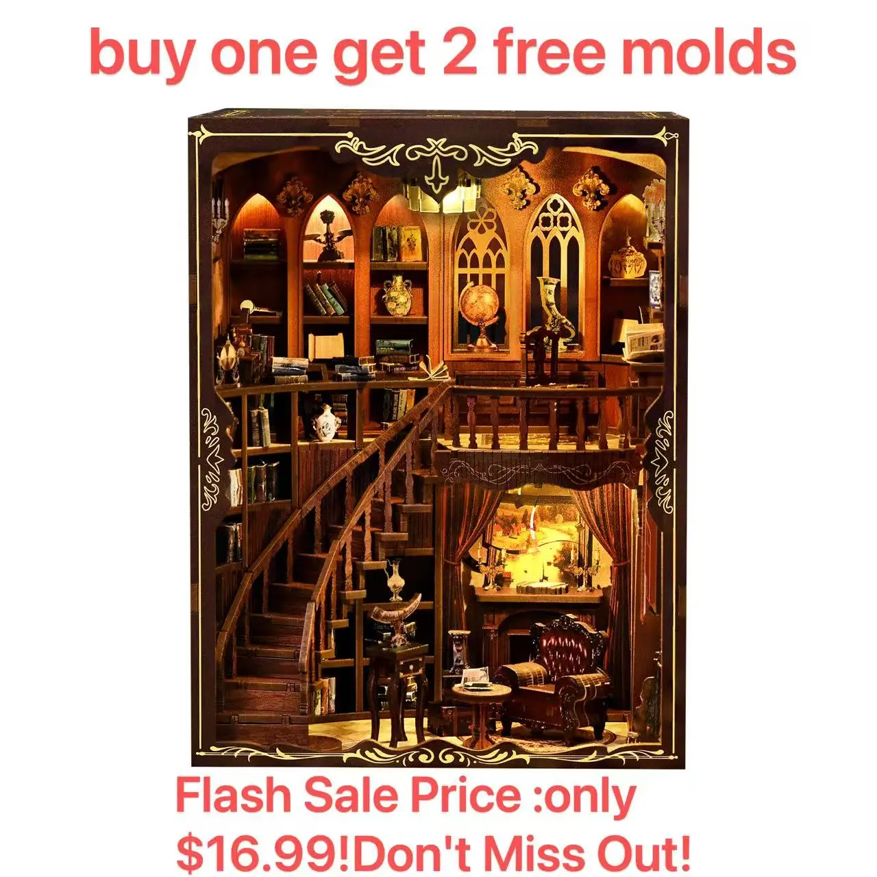 Ancient Rhyme Miniature Library Booknook Kit（Buy 1 Get 2 Free molds ！） - Exquisite DIY Wooden Model with 300+ Precision Laser-Cut Wooden Pieces, Bookshelf Display Decor, Intellectual Development Building Toy for Over 14 Years, Book Lovers, Collectib