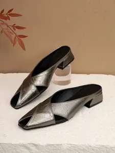 Women's Metallic Crisscross Strap Mule Sandals, Square Toe Open Toe Low Block Heel Slides, Elegant Summer Shoes for Office, Date, Daily Wear, Footwear