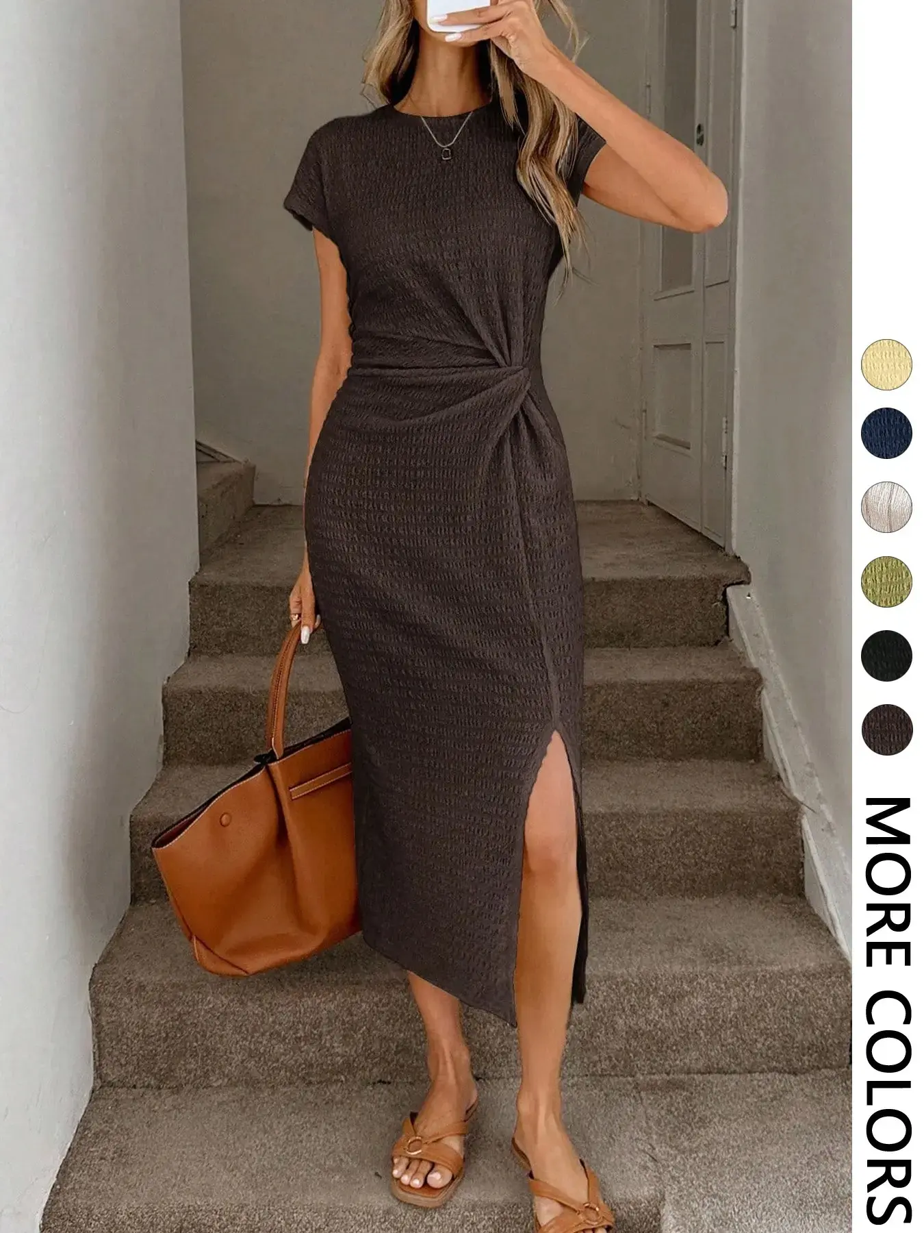 Waist Twist High Slit Short Sleeve Round Neck Midi Beach Summer Dress, Beach Resort Wear, Casual Beach Sundress, Casual Textured Bodycon Dress (Available in Brown, Black), Women's Dress Suitable for Birthday, Wedding Guest, Office, Graduation Occasions