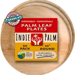Disposable Palm Leaf Plates - 50 Pack - 10 Inch round - Compostable & Biodegradable Bamboo Plastic