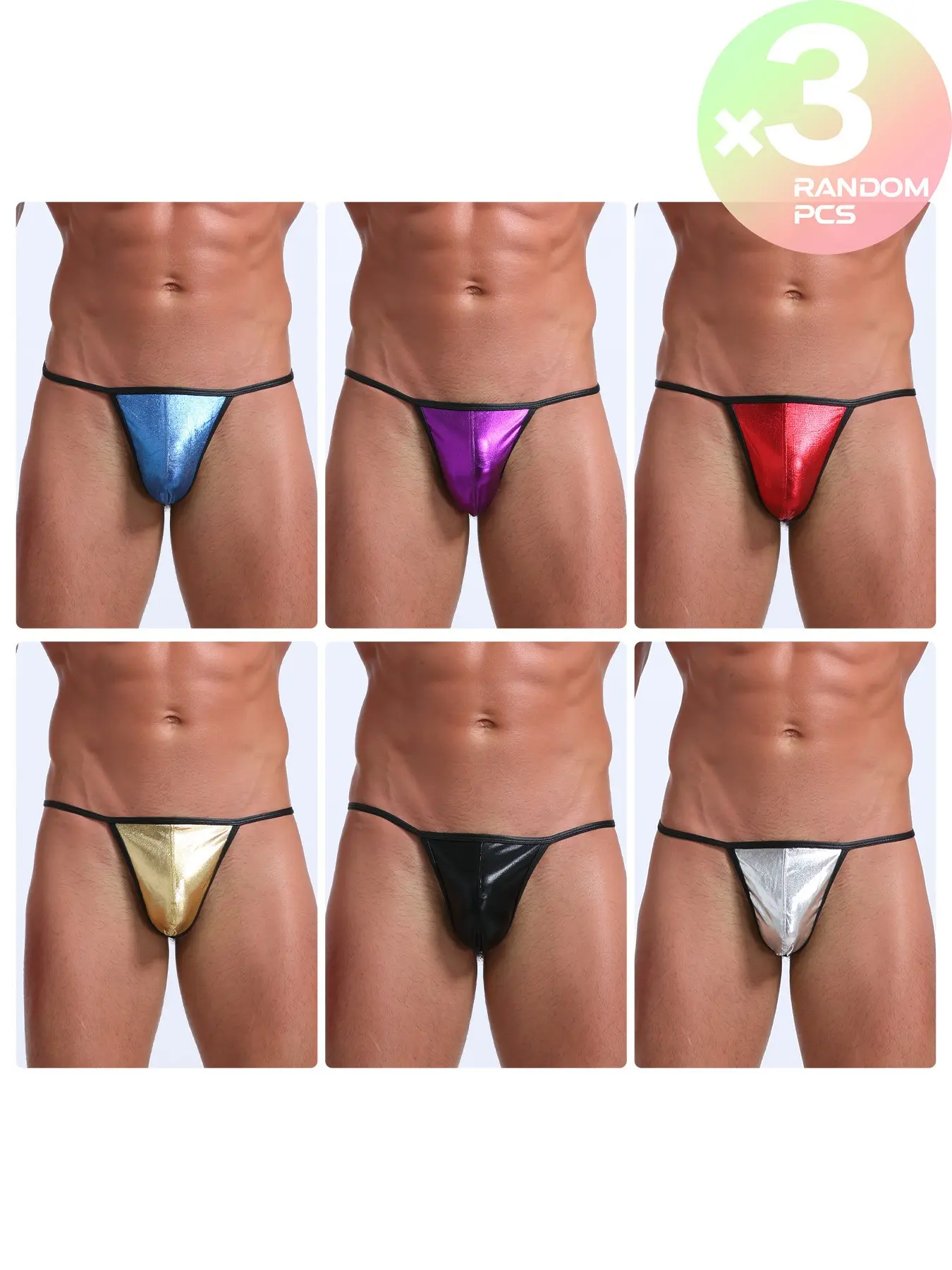 2/3/4 Pcs Random Color Men's Low-rise Faux Leather Thong Underwear, Casual Underclothes, Slim Belt Glossy High Stretch, T-back Hip Lifting Design, Perfect for Fitness, Pool Party & Casual Gathering