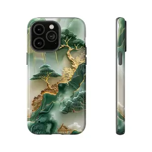 Tough Asian Jade Carving Scenery Smartphone Casing, Aesthetic Green Mountain Art Protector for iPhone 11-16, Rubber-Polycarbonate Shockproof Cellphone Accessory with Drop & Full Protection