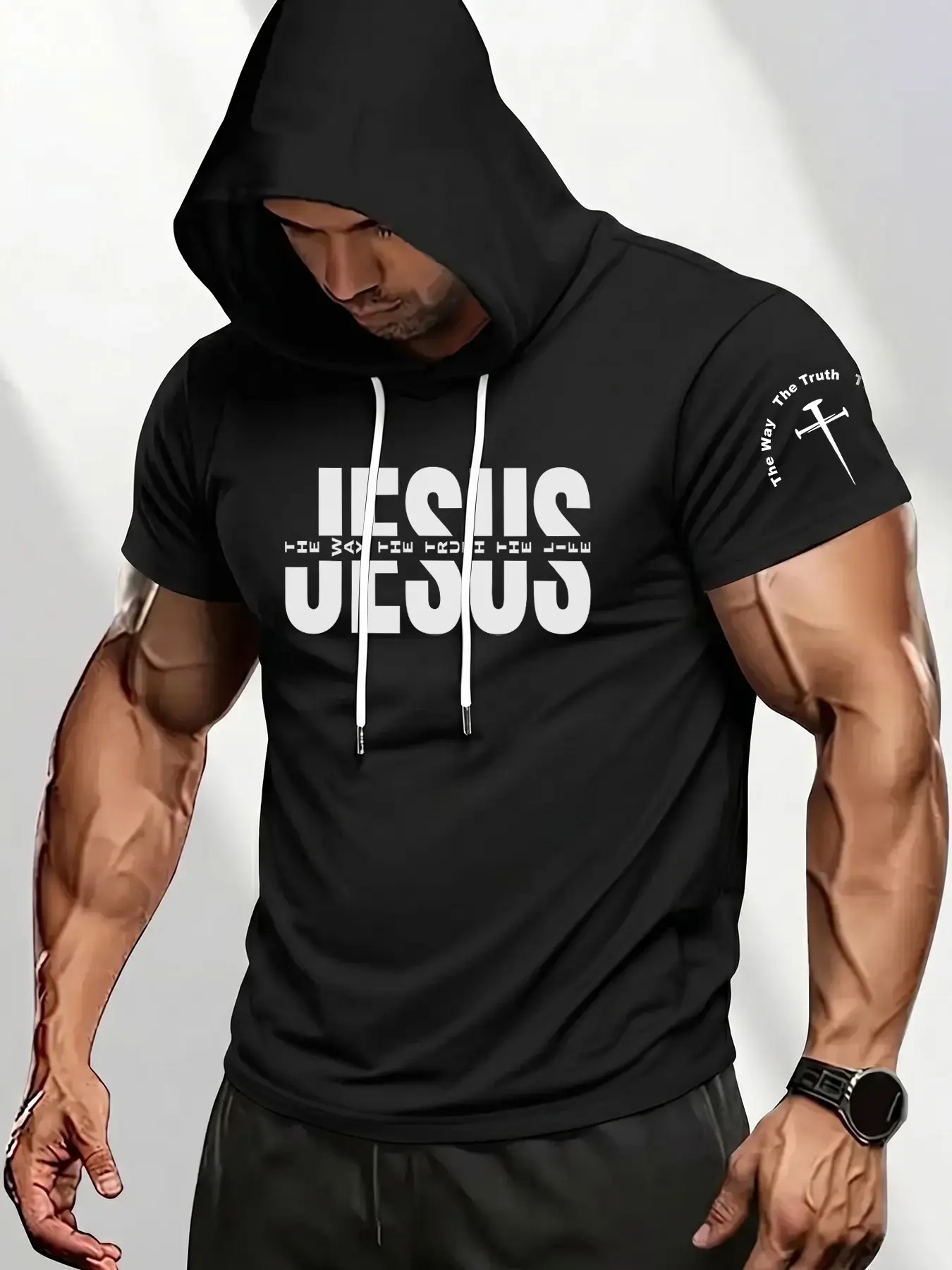 Men's Jesus Print Short Sleeve Hoodie, Christian Cross Graphic Workout T-Shirt, The Way The Truth The Life Religious Tee, Gym Casual Summer Outfit, Daily Wear, Street Style, Casual Graphic Streetwear