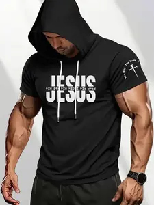 Men's Jesus Print Short Sleeve Hoodie, Casual Pullover Hoodies, Christian Cross Graphic Workout T-Shirt, The Way The Truth The Life Religious Tee, For Fitness, Daily Wear, Church, Street Style