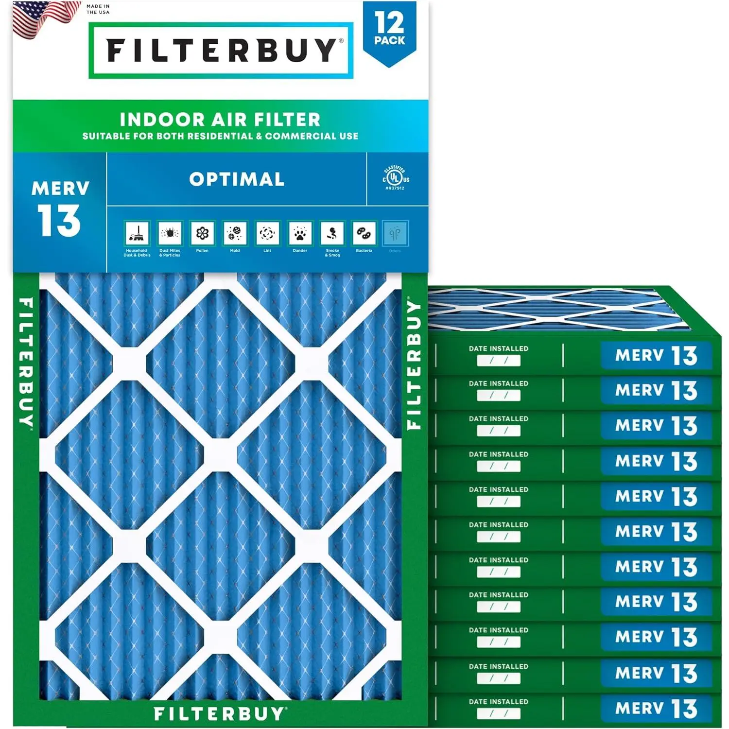 Filterbuy 12x24x1 Air Filter (12-Pack), Pleated MERV 13 Optimal Defense HVAC AC Furnace Air Filters (Actual Size: 11.50 x 23.50 x 0.75 Inches)