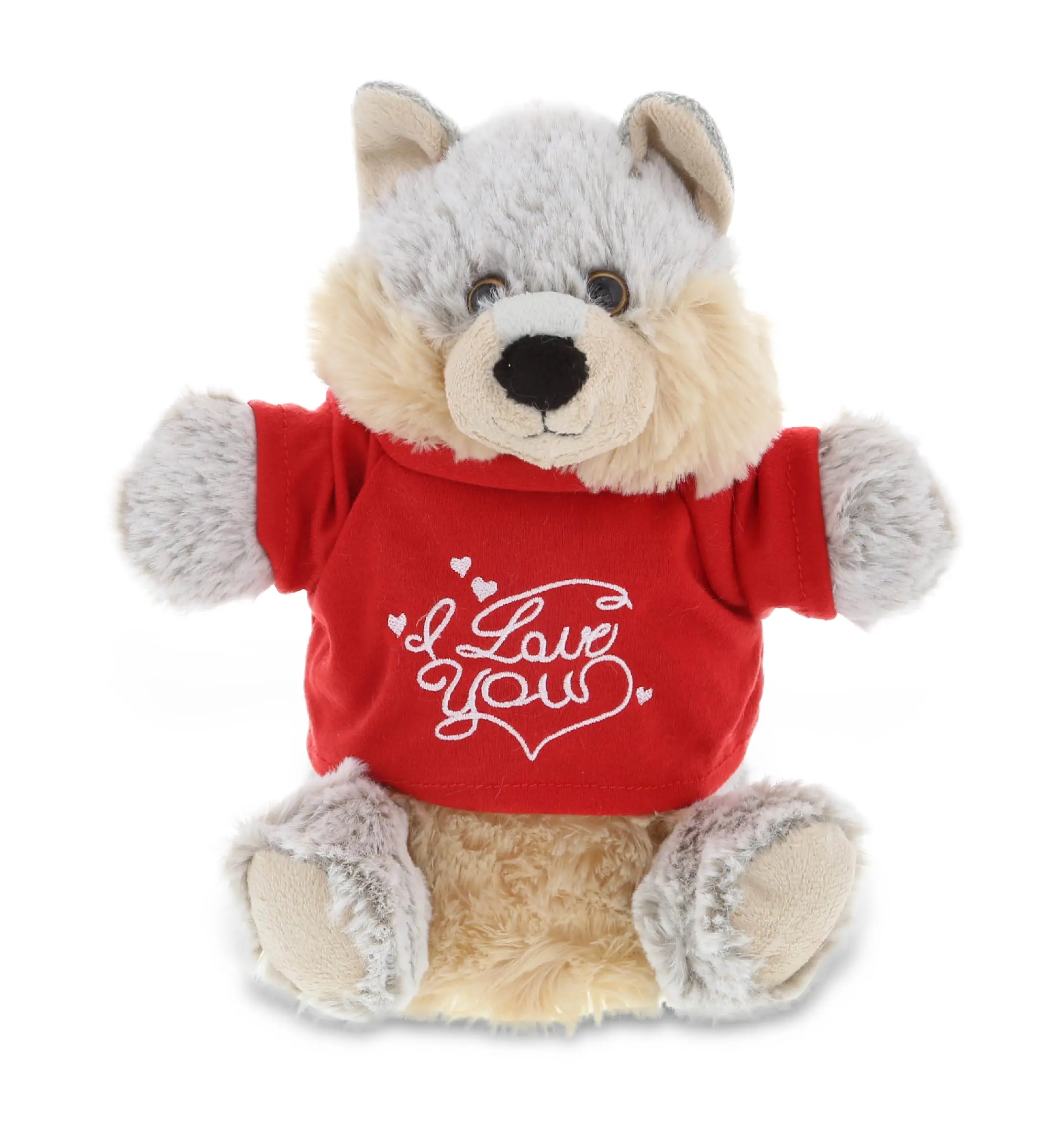 DOLLIBU Polyester Plush Wolf Hand Puppet - 9 in, Soft Touch, Red "I Love You" Shirt, Realistic Snout, Surface Wash Cold Water, Unisex, No Battery Needed, Birthday Gift for Adults to Kids, Bedroom Decoration