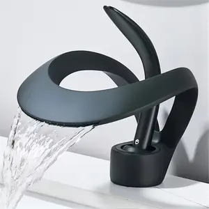 Modern Waterfall Basin Faucet, Unique Art Design Single Handle Bathroom Sink Tap, Deck Mounted Hot and Cold Mixer, Wide Spout Waterfall Flow, Splash-Free, Ideal for Home Bathrooms, Hotels, Renovation Projects, Black Polished Chrome Gold Three Colors