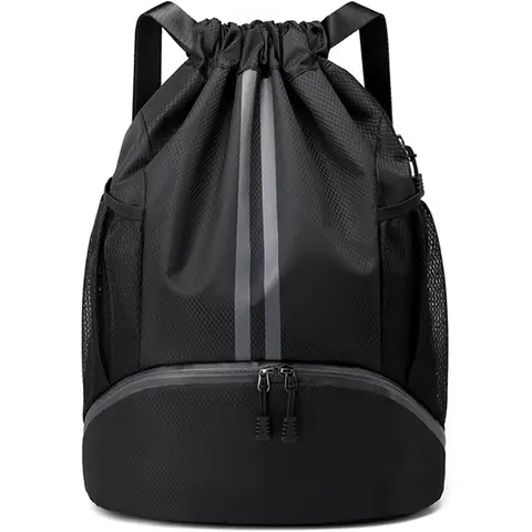 Unisex Polyester Black Waterproof Drawstring Gym Bag - Trainer/Sneaker Compartment, Convenient for Adults, All Seasons Outdoor Sports Backpack for Soccer Use