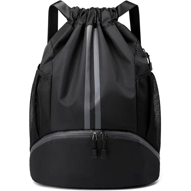 Unisex Polyester Black Waterproof Drawstring Gym Bag - Trainer/Sneaker Compartment, Convenient for Adults, All Seasons Outdoor Sports Backpack for Soccer Use