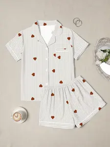 Valentine's Day Wrinkled Heart Print Pajama Set, Short Sleeve Button-Up Top and Shorts, Women's Sleepwear and Homeewear