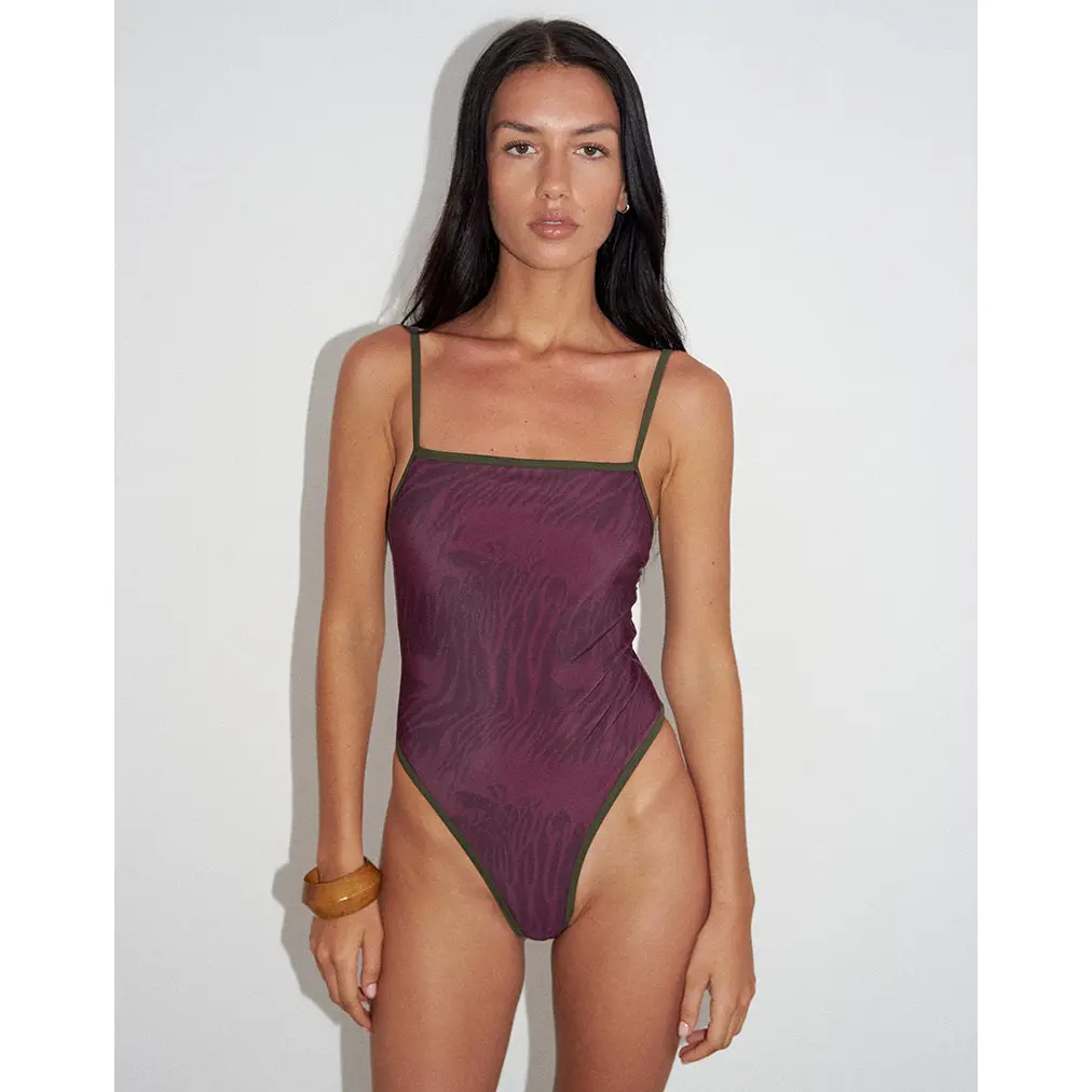 Anavah Swimsuit in Abstract Zebra Burgundy with Green Binding