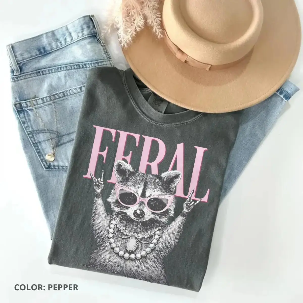 Comfort Colors Feral T-Shirt, Funny Raccoon Sunglasses Pearls Graphic Tee for Women, Trendy Meme Trash Panda Sarcastic Tee, Gift for Her Bestie