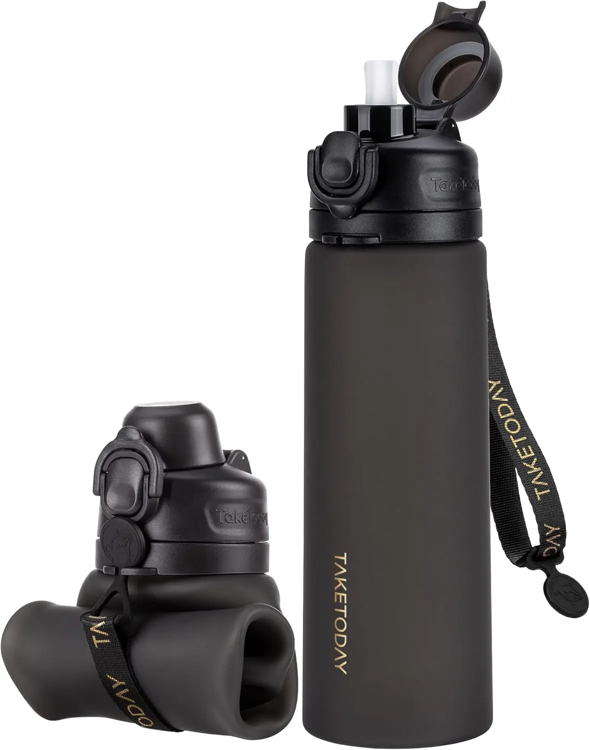 Taketoday Collapsible Water Bottles 21Oz (600Ml), Foldable Platinum Silicone Travel Water Bottle with Straw & Carry Strap, Leak-Resistant Screw Lid, Wide Mouth, Bpa-Free for Hiking, Camping, Travel TakeToday