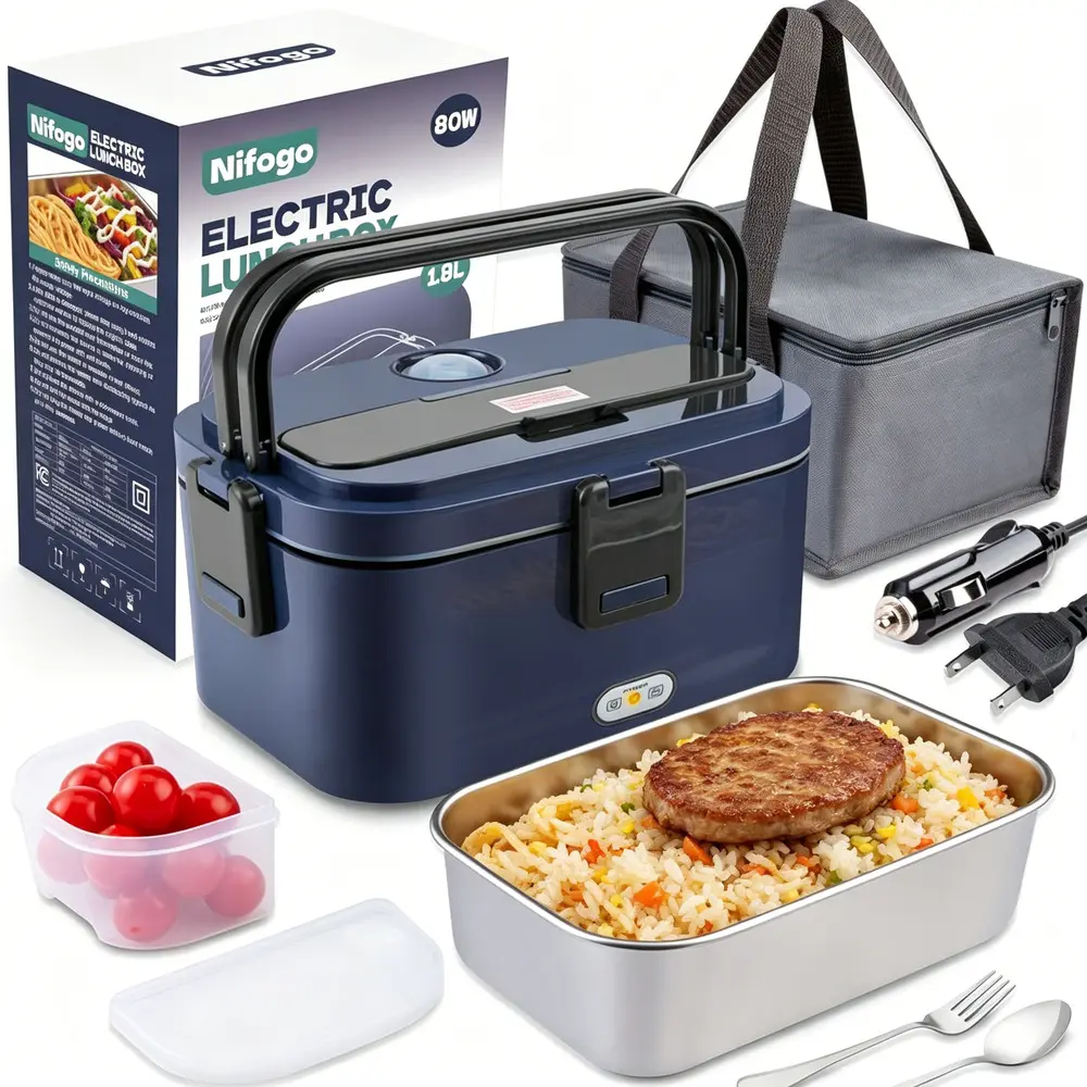 80W High Efficiency Electric Lunch Box Heater, 1.5L To 3.5L 304 SS Food Container Full Cutlery Bag for Truck Driver Travel Work Lunch
