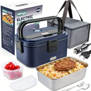 80W High Efficiency Electric Lunch Box Heater, 1.5L To 3.5L 304 SS Food Container Full Cutlery Bag for Truck Driver Travel Work Lunch