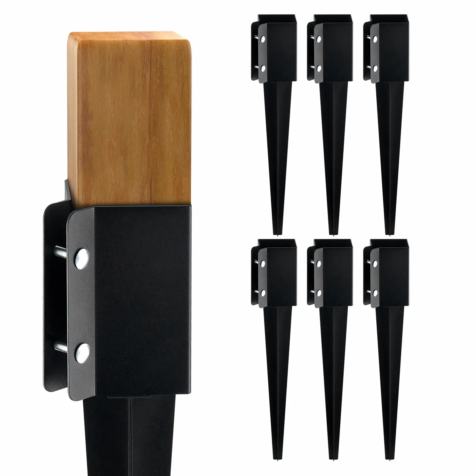 VEVOR Powder Coated Outdoor Fence Post Anchor Ground Spike Complete Set (6-Pack), 24x4x4in Stake with 3.5x3.5in Inner Diameter, Extra Secure Metal Post Support for Installing and Securing Fences, Resistant to Deformation
