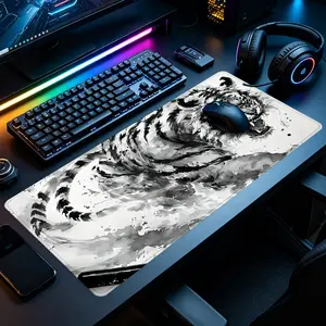 Traditional Chinese Ink Wash Tiger Art Large Gaming Mouse Pad, Extended XXL Desk Mat with Stitched Edge & Non-Slip Rubber Base, Ideal for Gamers, Traditional Art Fans and Animal Lovers, Perfect for Gaming Rooms, Home Offices & Bedroom Desks