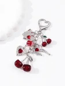 Y2K Cherry Bow Heart Poker Keychain, Rhinestone Alloy Bag Charm, Trendy Cold Wave Gift for Friends and Family