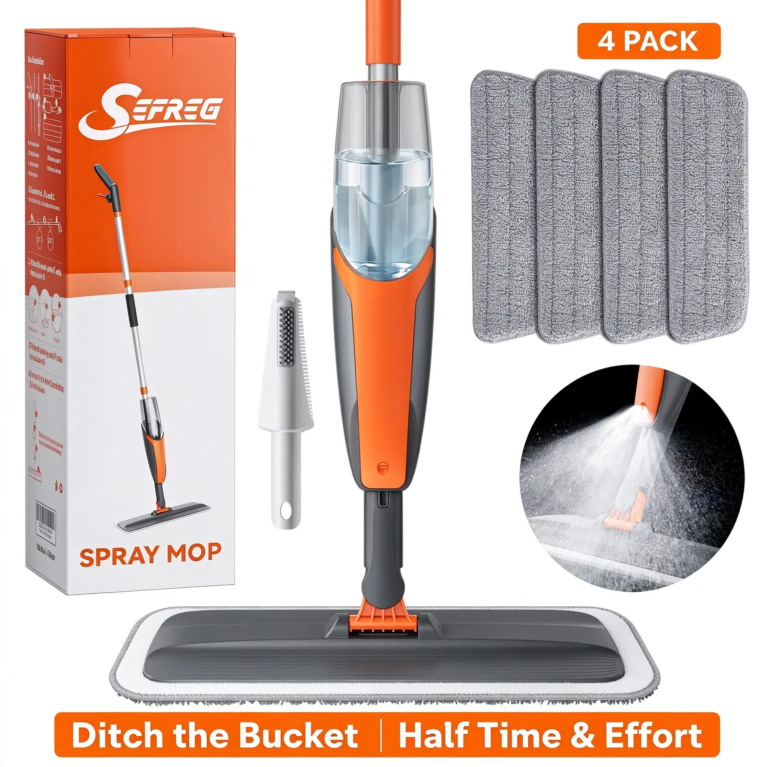 Wet Dry Handheld Spray Mop, 360° Rotating Head, Rust-Proof Aluminum Handle, 4 Reusable Microfiber Pads, Refillable Bottle, One-Hand Use No Bending, Indoor Floor Cleaner for Hardwood & Tile， Floor Cleaning Tool ，Wet Mop Cleaner， Handheld Mop，home floor mop