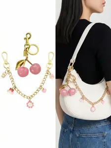 2pcs/set Y2K Coquette Pink Cherry Sparkly Bag Charm & Gold Chain Pendant, Cute Sweet Aesthetic Purse Accessory Keychain With Heart Flower Charms For Women Teen Girls