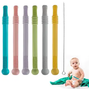 Teether Tube Chew Straw Sensory Toy for Infant Toddlers Silicone Tubes Teething Toys for Babies 3-12 Months 0-36 Months Gifts Learning Developmental Toys BPA Free Freezable 6 Pack