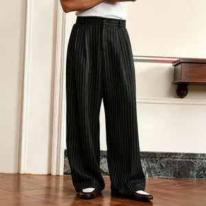 Men’s black and white striped high-waisted wide-leg dress pants with double pleat design, business casual loose straight-cut suit trousers