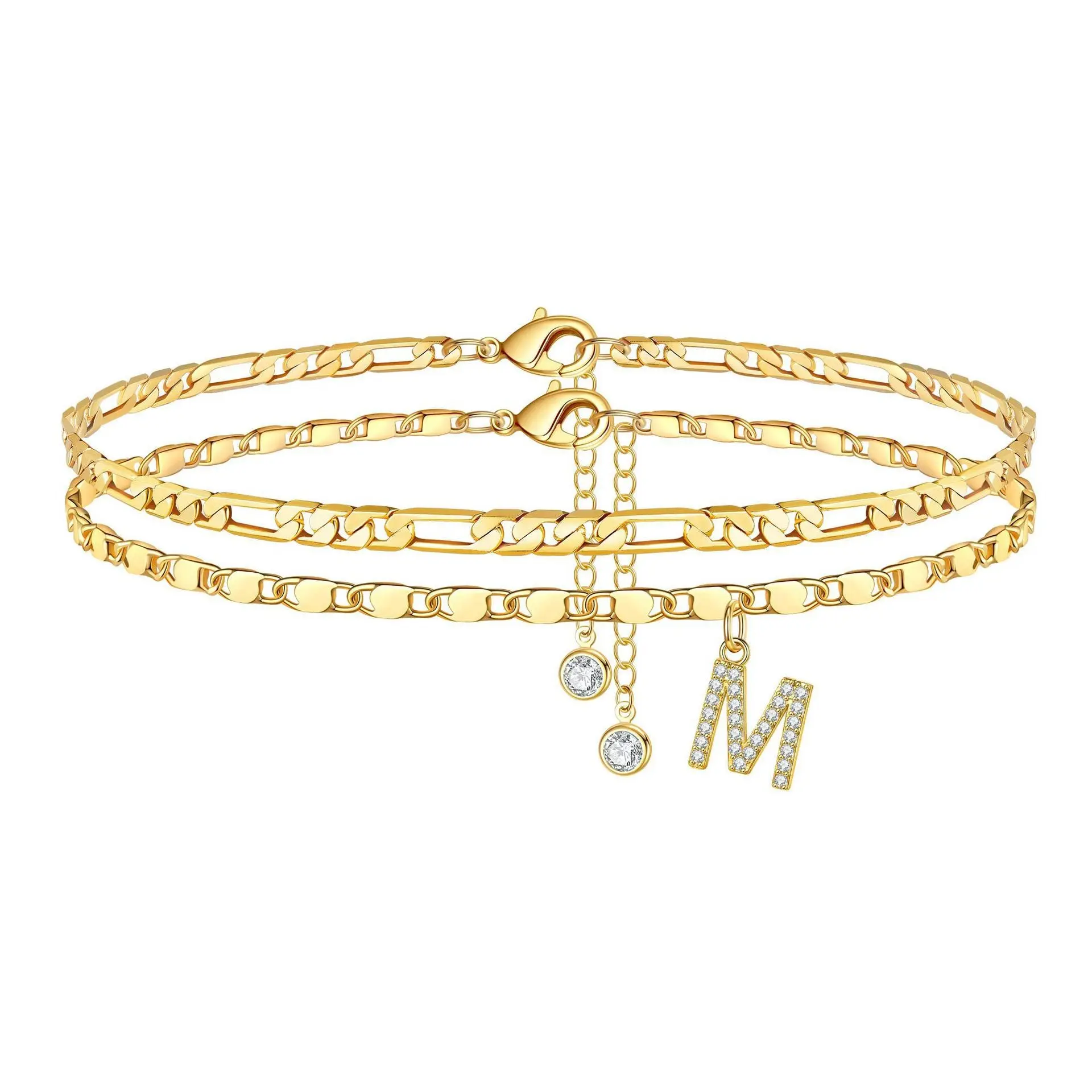 2.Personalized Name Anklet for Women 26 Alphabet Letters with CZ Stones Copper Charm Stainless Steel Cuban Link Foot Bracelet