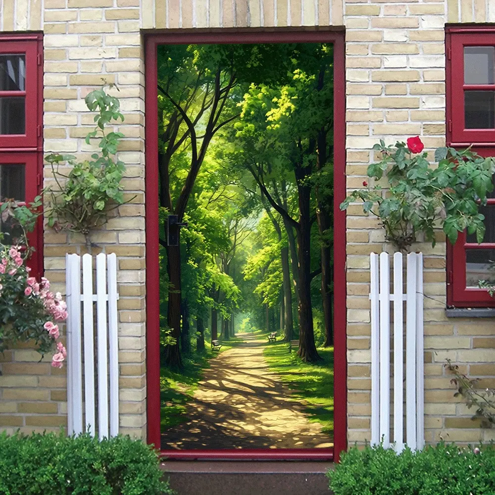 2pcs Green Forest Pathway Wall Sticker Natural Scenery Home Decor Decal Living Room Bedroom Entrance Background Wall Self Adhesive Mural Environmental Friendly Removable Sticker Sunlight Through Leaves L