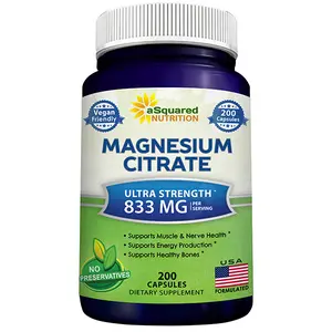 aSquared Nutrition Magnesium Citrate 833mg Supplement - 200 Capsules - Max Strength Vegan Mag Citrate Powder Pills to Support Pure Function of Muscles, Heart & Bones - Helps Increase Energy
