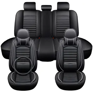 All-Season Faux Leather Car Seat Covers Black with White Stitching Universal Fit PU Leather Durable Easy to Clean Year-Round Protection