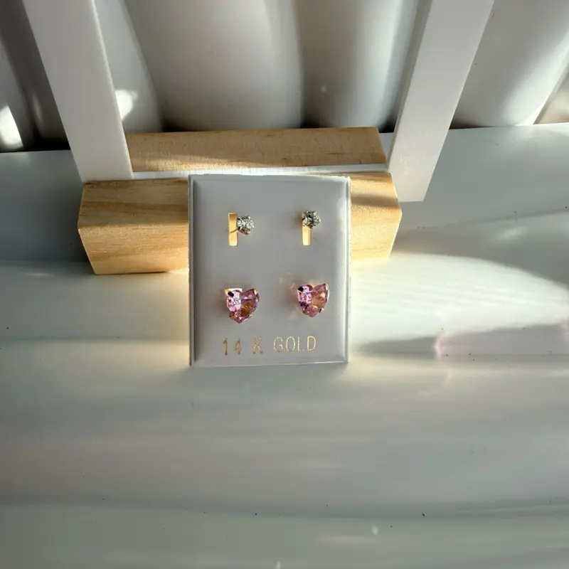 14k Real Gold Telephone Earrings with Heart Design Pink / Red Stones.