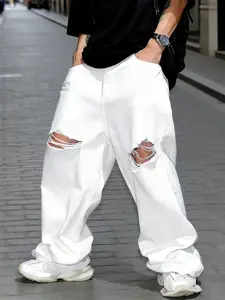 Men's Distressed Denim Jeans, Ripped Knee Jeans, Loose Straight Leg Wide Leg Jeans, American High Street Streetwear Fashion Trendy Long Pants, Casual All Seasons